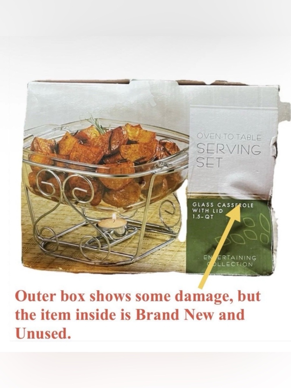 1.5Qt Glass Casserole Dish w Warming Stand Oven to Table Serving Set New